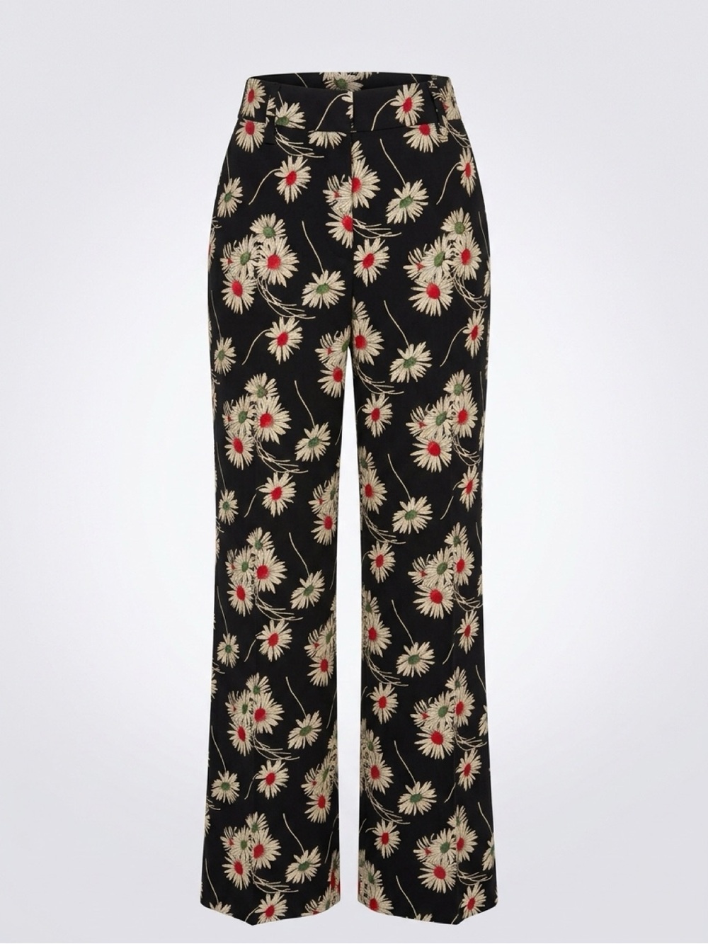 Prada ‘16 High Waist Wide-Leg Pants, White & Red Daisy Motif, blk, GUC